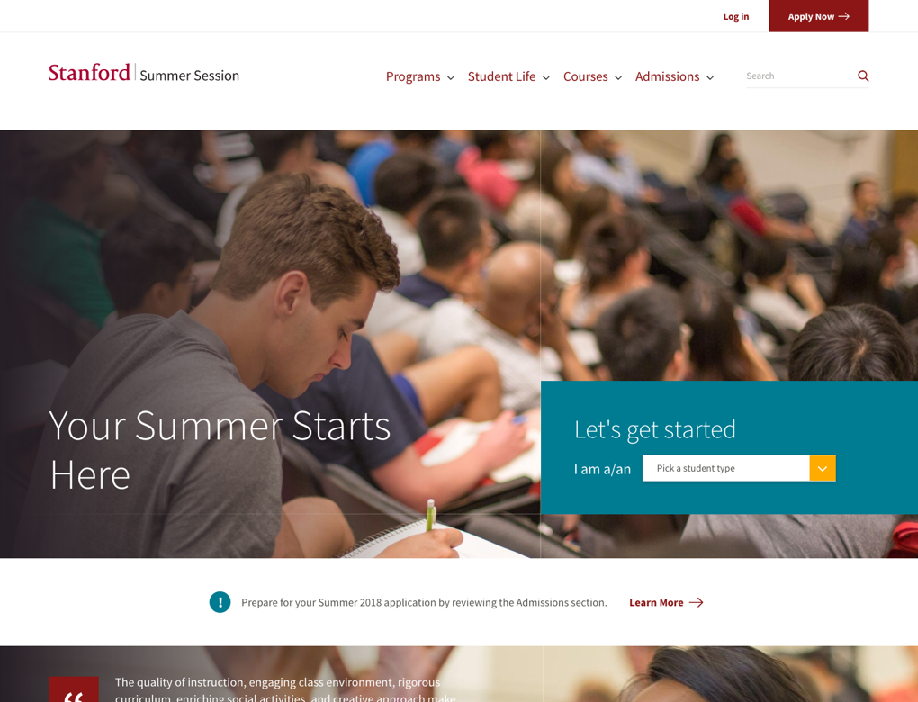 A screenshot of the Stanford Summer Session home page