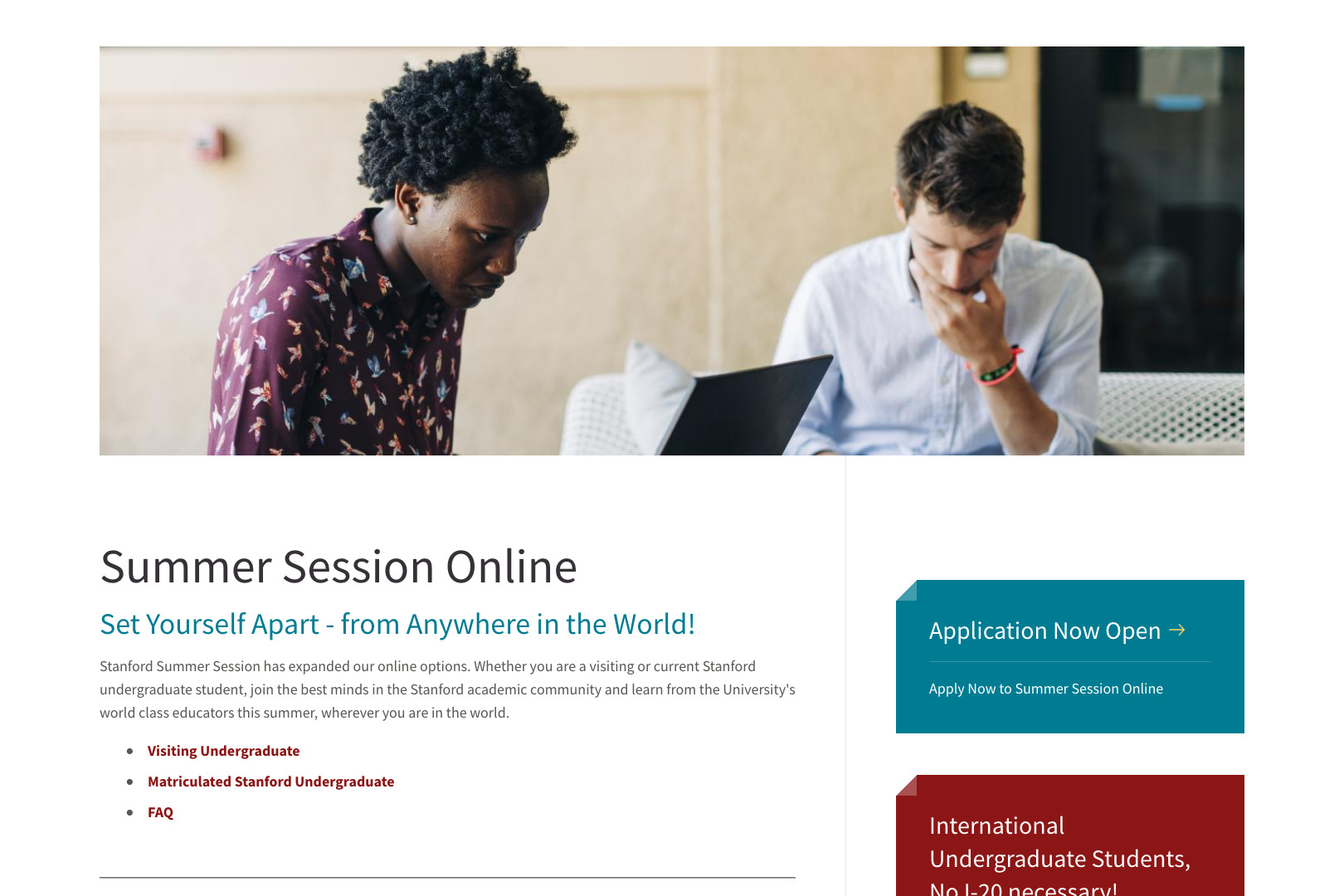 A screenshot of the Stanford Summer Session Online Programs page