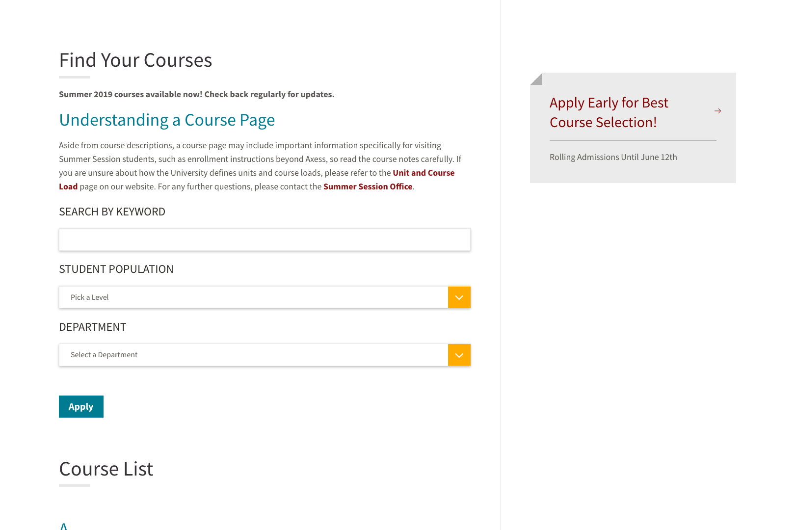A screenshot of the Stanford Summer Session Courses page