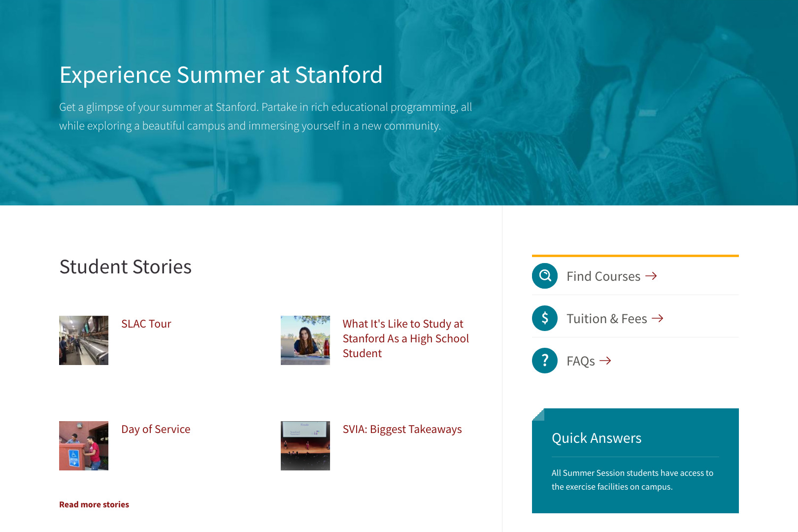 A screenshot of the Stanford Summer Session Student Life page