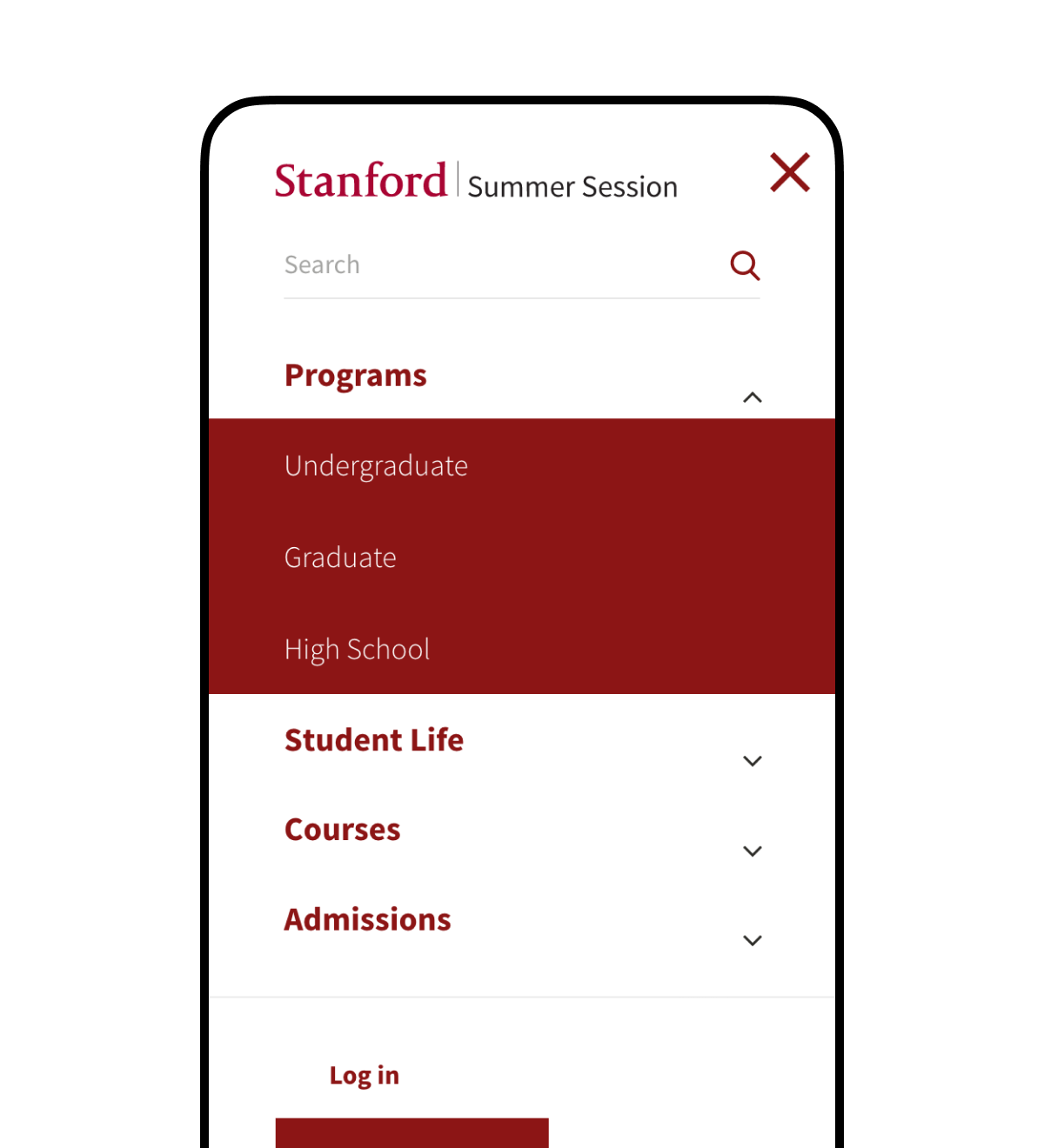 A screenshot of the Stanford Summer Session mobile navigation